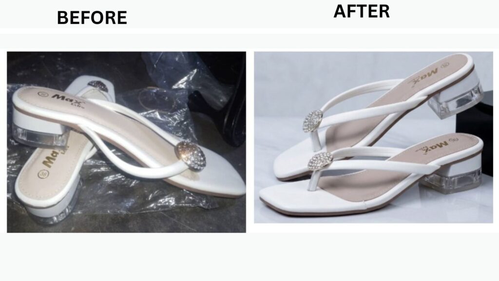 Before and after pictures of an AI-enhanced image of sandals