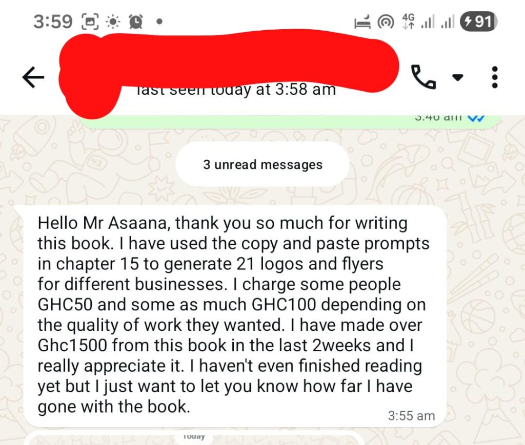 screenshot of whatsApp testimonial of someone who bought the AI MONEY MASTERY EBOOK