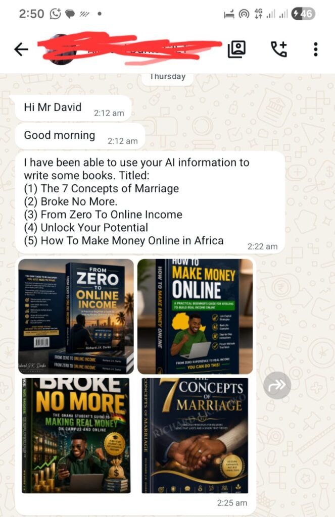 screenshot of whatsApp testimonial of someone who bought the AI MONEY MASTERY EBOOK